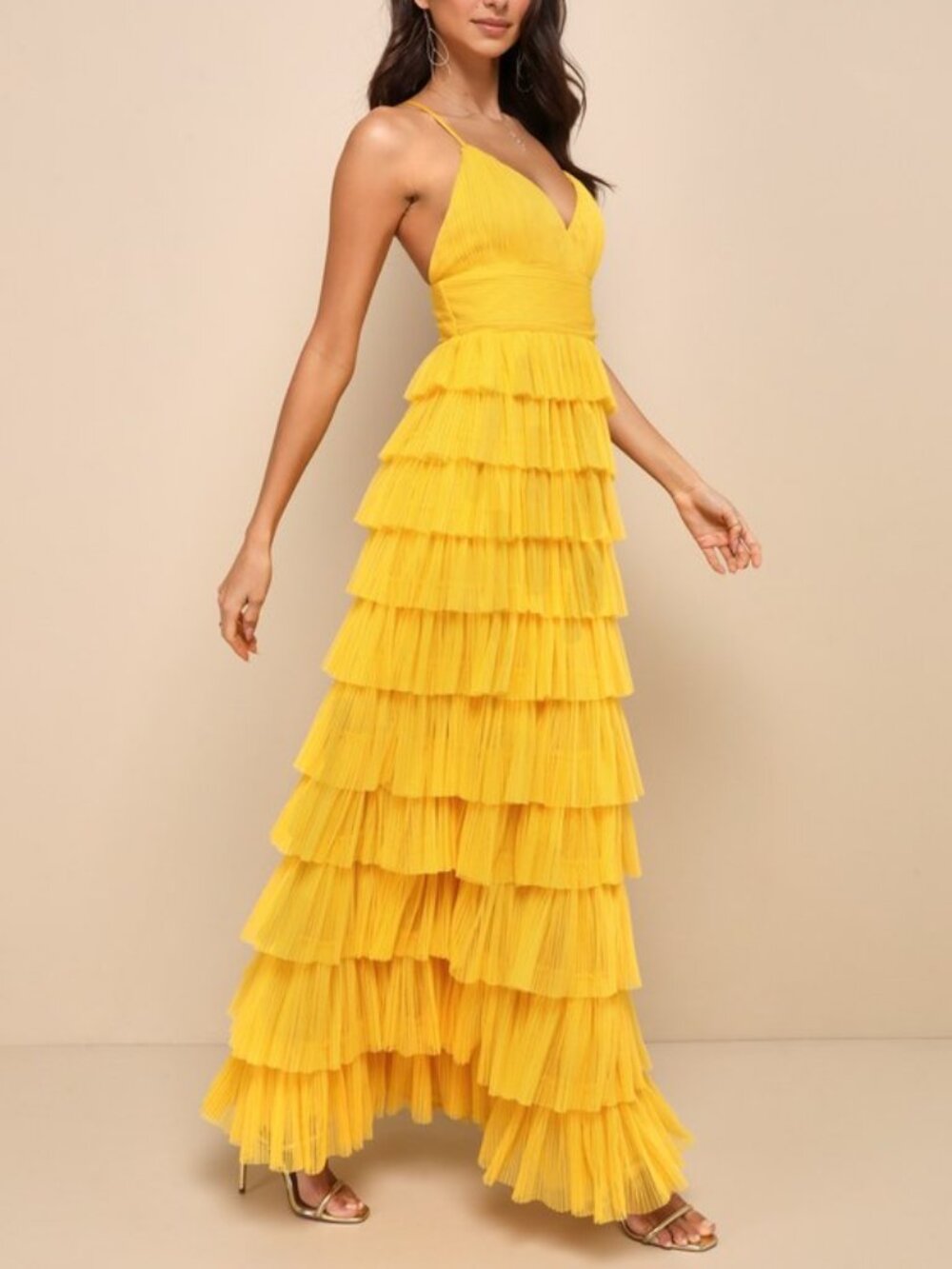 Lulus Radiant Event Yellow Mesh Tiered Ruffled Backless Maxi Dress - Size XL